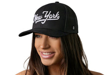 Load image into Gallery viewer, New York City White Script Trucker Hat  |  Black New York Snapback
