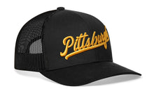 Load image into Gallery viewer, Pittsburgh Gold Script Trucker Hat  |  Black Pennsylvania Snapback
