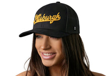 Load image into Gallery viewer, Pittsburgh Gold Script Trucker Hat  |  Black Pennsylvania Snapback
