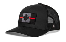 Load image into Gallery viewer, Thin Red Line Trucker Hat  |  Black Canadian Maple Leaf Tactical Snapback
