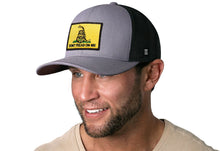 Load image into Gallery viewer, Dont Tread On Me Trucker Hat  |  Gray-Black Gadsden Flag Yellow Snapback
