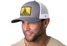 Load image into Gallery viewer, Dont Tread On Me Trucker Hat  |  Gray-White Gadsden Flag Yellow Snapback
