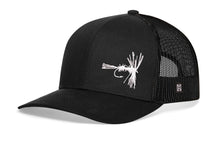Load image into Gallery viewer, Fly Fishing Trucker Hat  |  Black Fly Fishing Snapback
