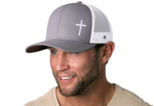 Load image into Gallery viewer, Cross Trucker Hat  |  Gray White Christian Snapback
