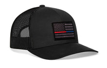 Load image into Gallery viewer, Thin Red and Blue Line Trucker Hat  |  Black Police And Fire Tactical Snapback
