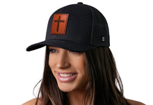 Load image into Gallery viewer, Cross Trucker Hat Rectangle Leather  |  Black cross Snapback
