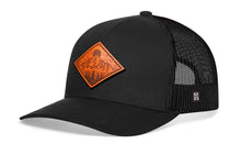 Load image into Gallery viewer, Diamond Mountain and Trees Trucker Hat Leather  |  Black Outdoors Snapback
