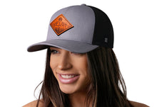 Load image into Gallery viewer, Diamond Mountain and Trees Trucker Hat Leather  |  Gray-Black Outdoors Snapback

