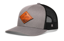 Load image into Gallery viewer, Diamond Mountain and Trees Trucker Hat Leather  |  Gray-Black Outdoors Snapback
