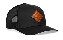 Load image into Gallery viewer, Campfire Trucker Hat Leather  |  Black Outdoors Snapback
