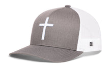 Load image into Gallery viewer, Cross Trucker Hat  |  Gray-White bold cross Snapback
