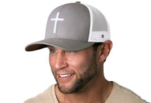 Load image into Gallery viewer, Cross Trucker Hat  |  Gray-White bold cross Snapback
