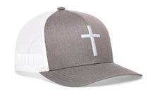 Load image into Gallery viewer, Cross Trucker Hat  |  Gray-White bold cross Snapback
