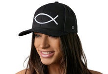 Load image into Gallery viewer, Jesus Fish Trucker Hat  |  Black bold ichthys Snapback

