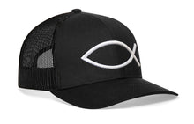 Load image into Gallery viewer, Jesus Fish Trucker Hat  |  Black bold ichthys Snapback
