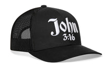 Load image into Gallery viewer, John 3:16 Trucker Hat  |  Black Christian 3D Puff Snapback
