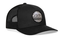 Load image into Gallery viewer, Circle Mountain and Trees Trucker Hat  |  Black Outdoors Snapback
