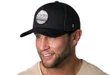 Load image into Gallery viewer, Circle Mountain and Trees Trucker Hat  |  Black Outdoors Snapback
