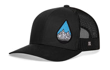 Load image into Gallery viewer, Rainddrop Mountain and Trees Trucker Hat  |  Black Outdoors Snapback
