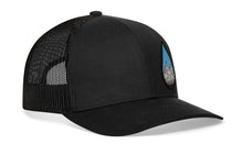 Load image into Gallery viewer, Rainddrop Mountain and Trees Trucker Hat  |  Black Outdoors Snapback
