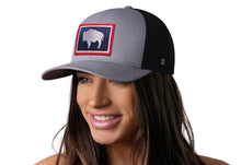 Load image into Gallery viewer, Wyoming Flag Trucker Hat  |  Gray Black WY Snapback
