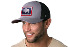 Load image into Gallery viewer, Wyoming Flag Trucker Hat  |  Gray Black WY Snapback
