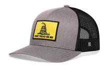 Load image into Gallery viewer, Dont Tread On Me Trucker Hat  |  Gray-Black Gadsden Flag Yellow Snapback
