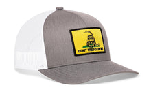 Load image into Gallery viewer, Dont Tread On Me Trucker Hat  |  Gray-White Gadsden Flag Yellow Snapback
