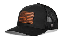 Load image into Gallery viewer, Dont Tread on Me American Flag Trucker Hat  |  Black Gadsden Leather Snapback
