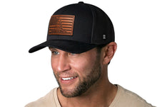 Load image into Gallery viewer, Dont Tread on Me American Flag Trucker Hat  |  Black Gadsden Leather Snapback
