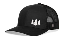 Load image into Gallery viewer, Three Pine Trees Trucker Hat  |  Black Outdoors Snapback
