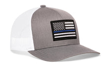 Load image into Gallery viewer, Thin Blue Line Trucker Hat  |  Gray-White Police Snapback
