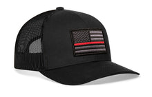 Load image into Gallery viewer, Thin Red Line Trucker Hat  |  Black Fire Tactical Snapback
